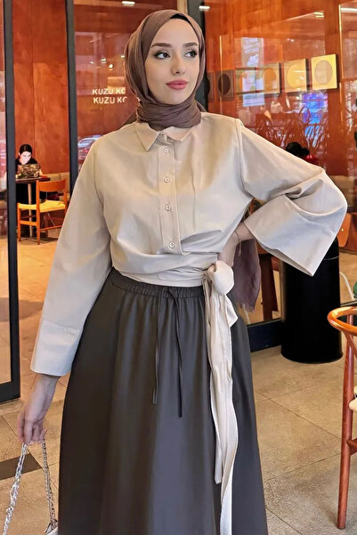 Tesettür Diyarı Kadın Kurdele Detaylı Gömlek -Bej