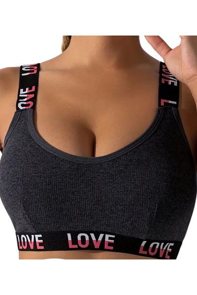 BUSYET "Love" Printed Sports Bra Dark Grey Light Grey 2Pcs Breathable Sports Bra Comfortable Bra