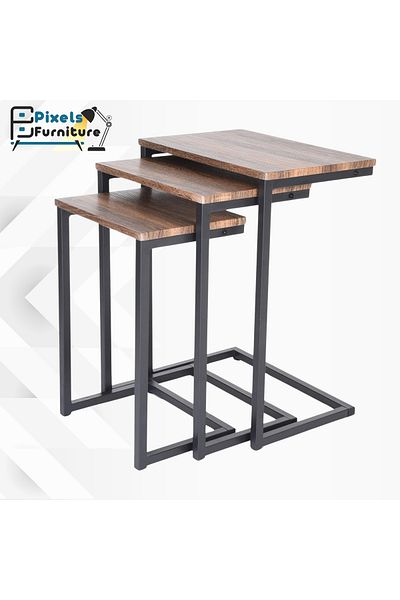 PixelsFurniture طقم طاولات جانبية متداخلة بتصميم ريفي عصري مكون من 3 قطع من بكسل الأثاث