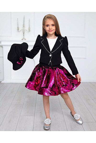 ugurbocegicocukdunyası Sequin Sequined Girl's Skirt T-Shirt Jacket with Hat and Buckle 5-Piece Graduation Suit