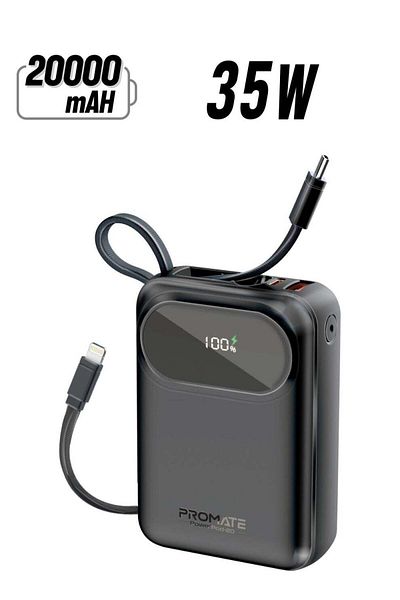 Promate Power Bank 20000mAh with USB-C and Lightning Cables, PowerPod-20 Black