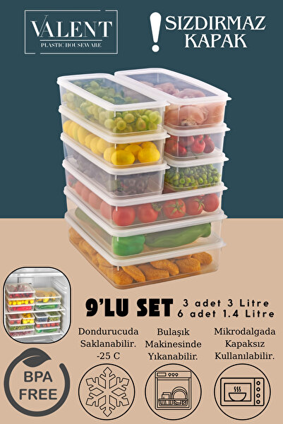 VALENT 9 Lu Set Sızdırmaz Fresh Saklama Kabı 3 adet 3000ml 6 adet 1400ml - Şeffaf - Buzdolabı Düzenleyici