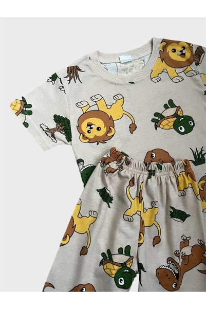 tusem butik homewear Boy's Beige Safari Patterned Short Sleeve Shorts Summer Pajama Set