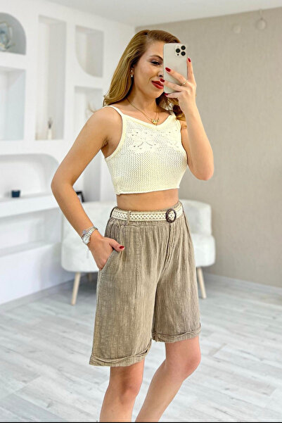 AYASOFYA OTANTIK Kadın Açık Kahverenk Beli Lastikli Kemer Detaylı Yandan Cepli Pamuk Keten Şort