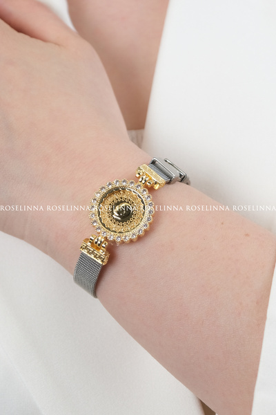 ROSELİNNA سوار فولاذي بإطار ربع فضي اللون، نموذج سوار ربع قابل للتعديل بدون تشويه مع حبل