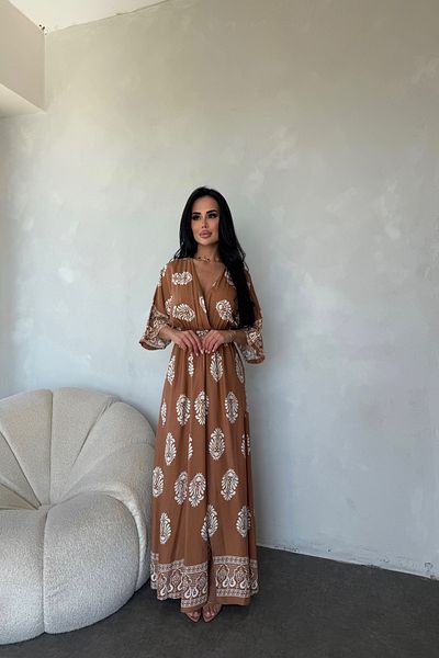 LİLA İSTANBUL Double Breasted Collar Bat Sleeve Ethnic Patterned Viscose Fabric Slit Detail Summer Dress
