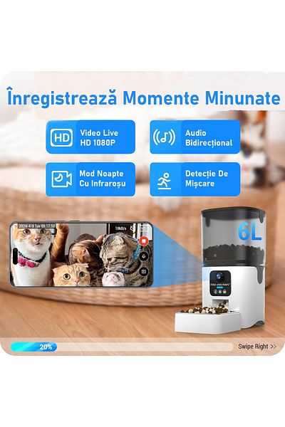 Fish & Paws Hranitor automat Smart Fish & Paws®, WiFi, 1080p, audio, 6L, bol inox, control portii, Alb