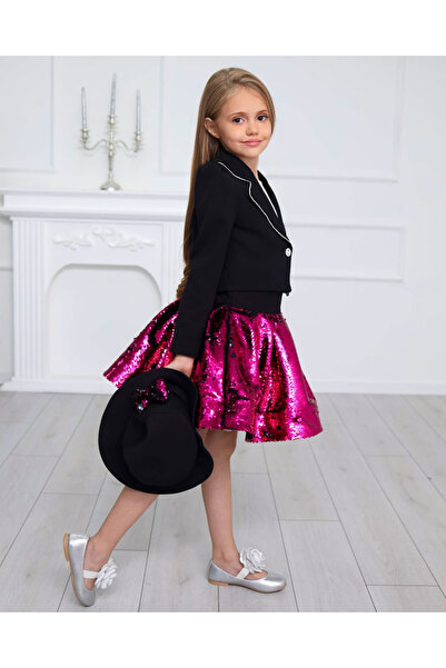 ugurbocegicocukdunyası Sequin Sequined Girl's Skirt T-Shirt Jacket with Hat and Buckle 5-Piece Graduation Suit
