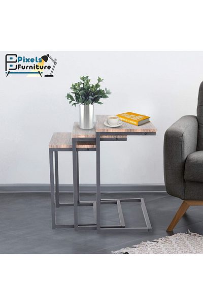 PixelsFurniture طقم طاولات جانبية متداخلة بتصميم ريفي عصري مكون من 3 قطع من بكسل الأثاث