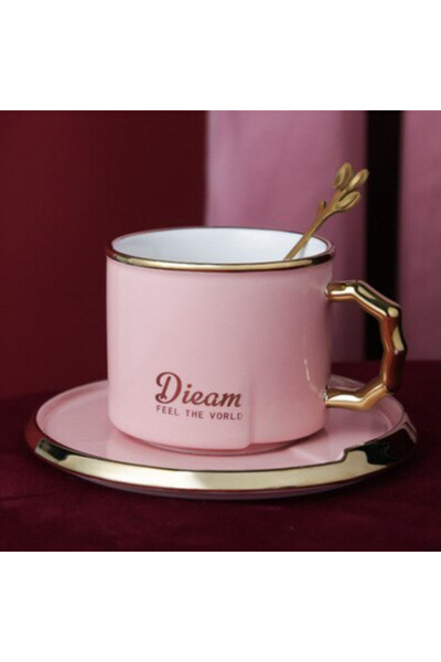 PUFO Luxury ceramic mug and spoon for coffee or tea, 230 ml, pink