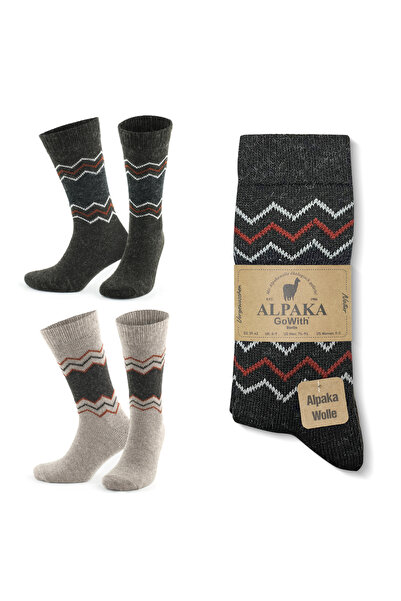 Go With Unisex 2'li Alpaka Yünlü Kışlık Yıkamalı Doğal Sıcak Zikzak Desenli Esnek Termal Çorap 3099