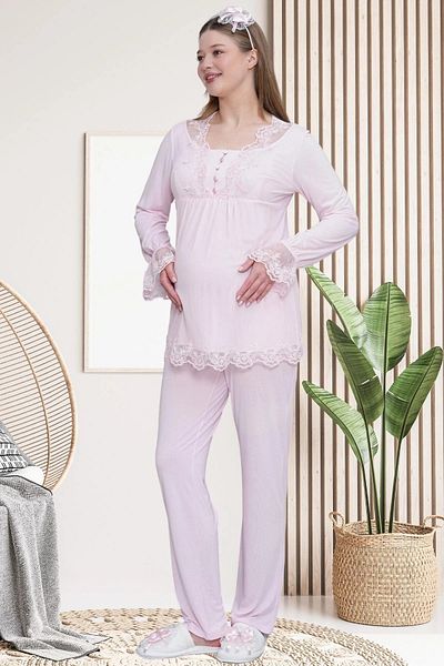 Mecit Pijama Women's Long Sleeve Lace (Guipure) Detailed Maternity Pajama Set 75% Cotton 25% Viscose