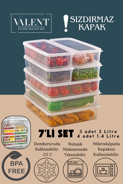 VALENT 7 Li Set Sızdırmaz Fresh Saklama Kabı 3 adet 3000ml 4 adet 1400ml - Şe...