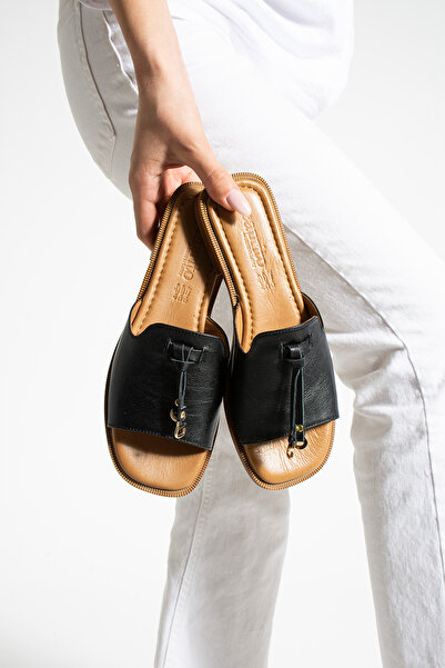 Getcho Feng Kadın Hakiki Deri Siyah Yazlık Terlik Düz Taban Sade Tasarım Rahat Günlük Kullanım Için Şık