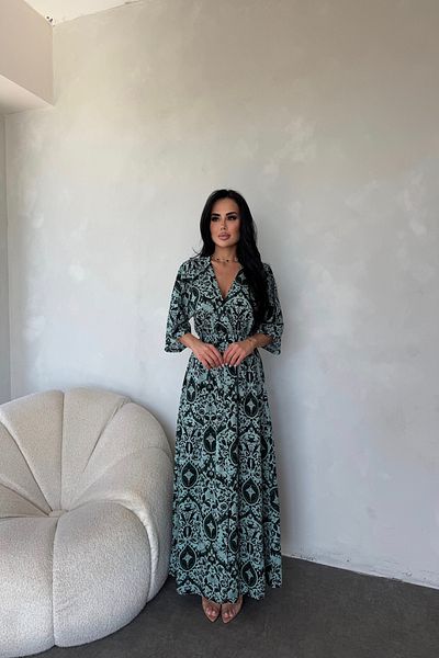 LİLA İSTANBUL Double Breasted Collar Bat Sleeve Ethnic Patterned Viscose Fabric Slit Detail Summer Dress