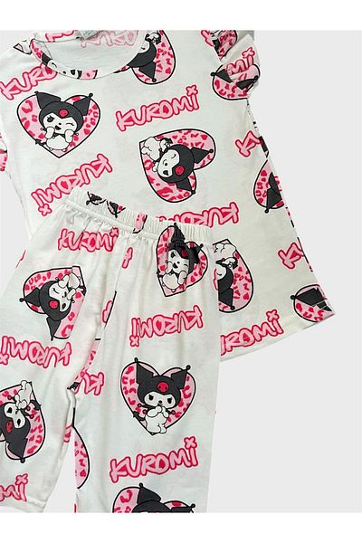 tusem butik homewear Set de pijamale de vară pentru fete, bumbac, culoare albă, cu model Kuromi, cu mâneci scurte