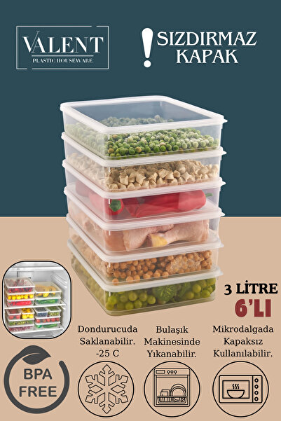 VALENT 6 Adet Vakumlu Sızdırmaz Erzak Fresh Saklama Kabı Seti 3 Litre - Şeffaf - Buzdolabı Düzenleyici