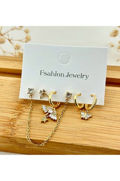 AychaAksesuar Steel Vip Series Butterfly Stone Set of 6 Earrings