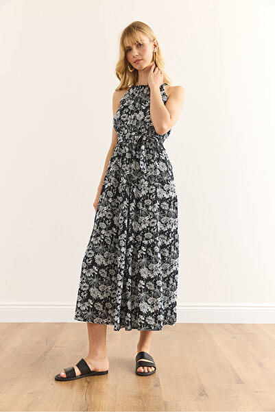 Olalook Women's Black Floral Halter Neck Belted Woven Viscon Dress Elb-19001548