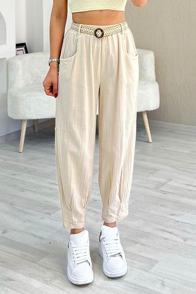 AYASOFYA OTANTIK Women's Beige Elastic Waist Belt Detailed Cotton Linen Trousers with Cuffs and Pockets