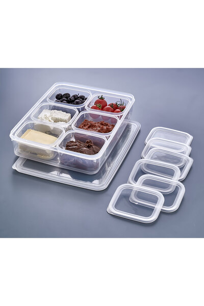 VALENT 7 Parça Kahvaltılık 6artı1 Sızdırmaz Saklama Kabı 3000ml x1 300ml x6 - Şeffaf Buzdolabı Düzenleyici