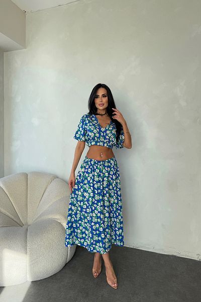 LİLA İSTANBUL V-Neck Viscose Fabric Floral Patterned Skirt Suit Summer Dress