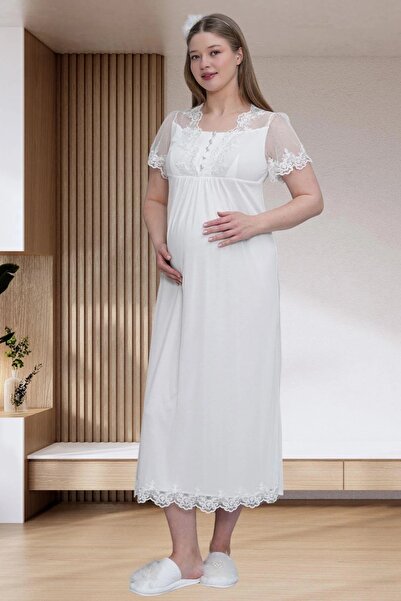 Mecit Pijama Kadın Hamile Lohusa Dantel Detaylı Saten Sabahlıklı+Kısa Kollu Gecelik 2'Li Takım %75Pamuk%25 Viskon