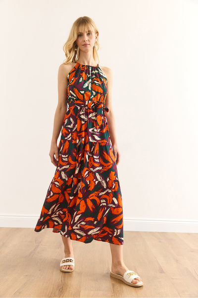 Olalook Women's Purple Orange Halter Neck Belted Woven Viscon Dress Elb-19001548