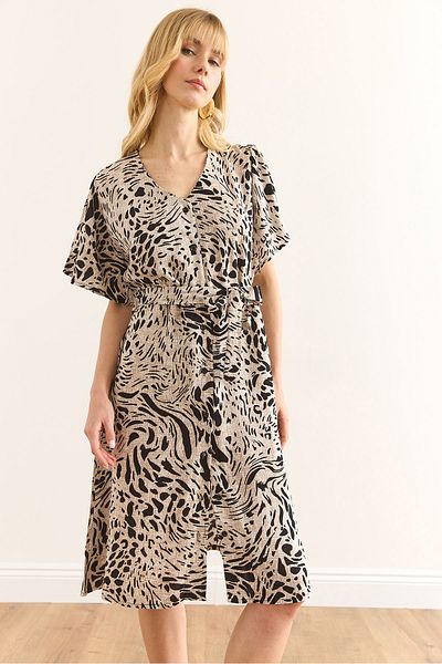 Olalook Γυναικείο Leopard Μαύρο V λαιμόκοψη Μίνι πουκάμισο φόρεμα ELB-19002380