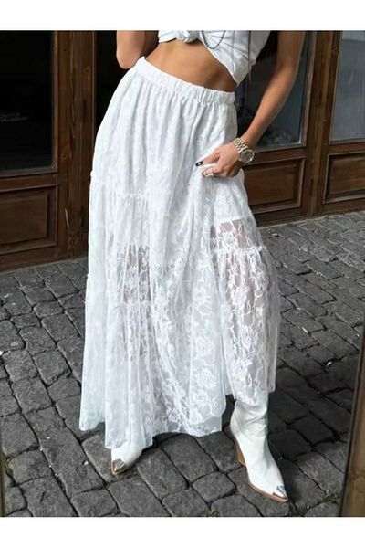 GARDIROZA White Maxi Length Lace Skirt, Maxi Imported Guipure Skirt, Mini Guipure Skirt Inside, Gothic Skirt