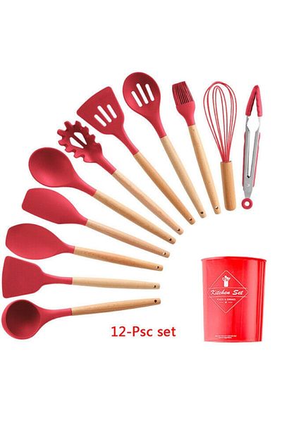 KUNFLEX Heat Resistant Wooden Handle Fireproof Non-Stick Silicone Spatula Set (11 1) 12 Pieces