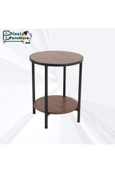 PixelsFurniture Set of 2 Round Side Tables 2 Tiers by Pixel Furniture for Coffee with Wood Top, Bottom Shelf and Metal Ends