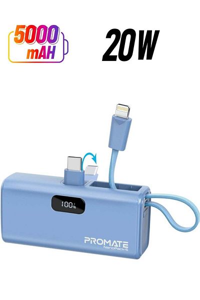Promate Universal 5000mAh Power Bank with Foldable USB-C Connector, Built-in Lightning Cable, and LE