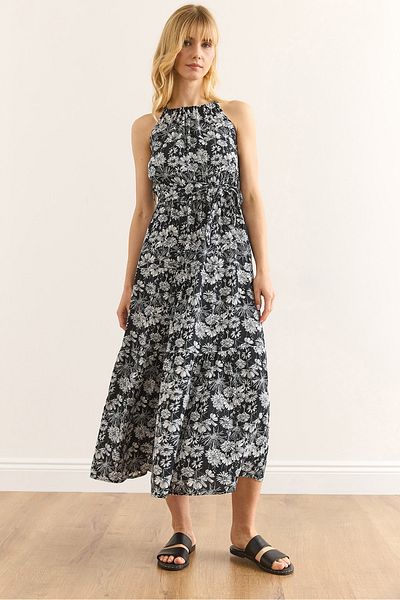 Olalook Γυναικείο Μαύρο Floral Halter Λαιμόκοψη Ζώνη Υφαντό Φόρεμα Viscon ELB-19001548