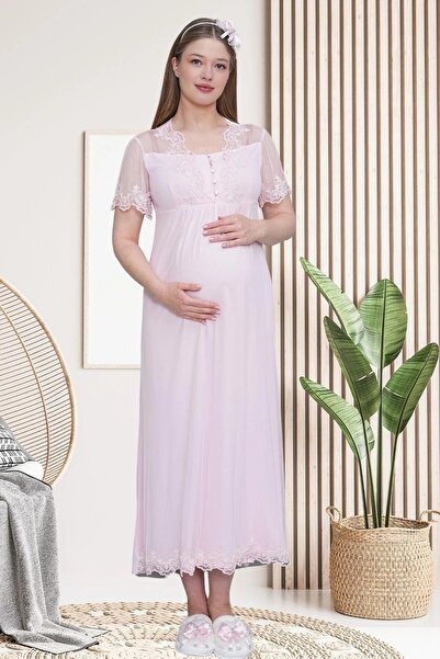 Mecit Pijama Γυναικεία Δαντέλα εγκυμοσύνης με λεπτομέρειες σατέν φόρεμα + κοντομάνικο νυχτικό 2 τεμαχίων Σετ 75% βαμβάκι 25% βισκόζη