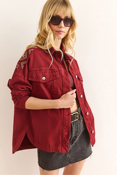 Olalook Jachetă de damă din bumbac gabardină cu umăr și spate broderie bordeaux CKT-19000430