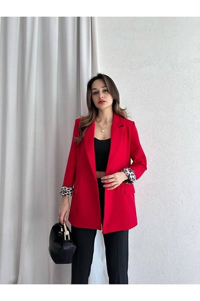 ENZOI Red Leopard Lined Double Breasted Collar Blazer Jacket