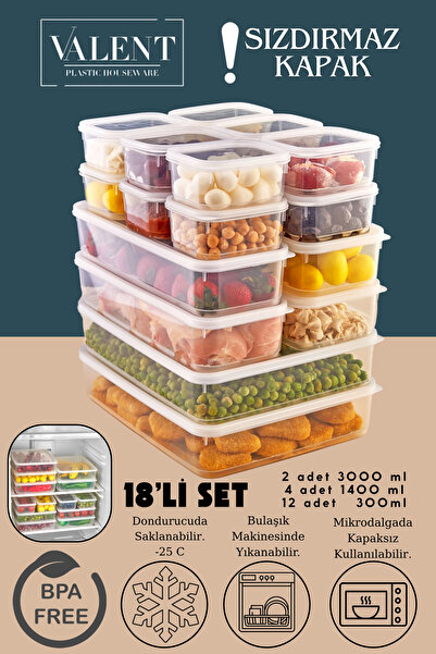 VALENT 18 Li Sızdırmaz Erzak Saklama Kabı Seti 3000ml X2 1400ml X4 300ml X12 - Şeffaf Buzdolabı Düzenleyici