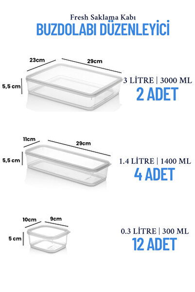 VALENT 18 Li Sızdırmaz Erzak Saklama Kabı Seti 3000ml X2 1400ml X4 300ml X12 - Şeffaf Buzdolabı Düzenleyici