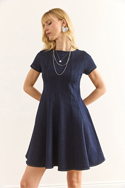 Olalook Női sötétkék hátsó cipzáras darabos csengő farmer ruha ELB-19002400