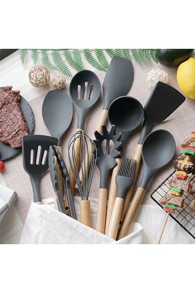 KUNFLEX Heat Resistant Wooden Handle Fireproof Non-Stick Silicone Spatula Set (11 1) 12 Pieces