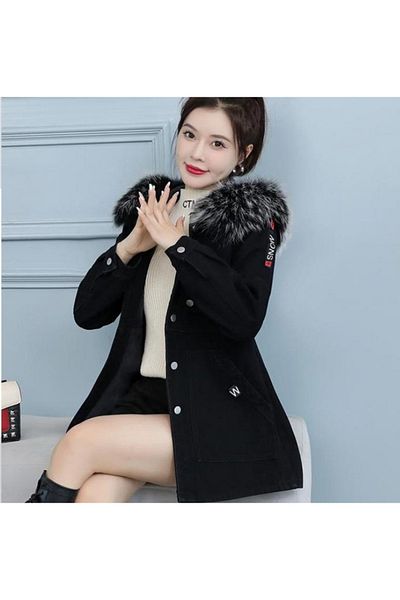 ARDSU Women's Fur Hooded Denim Jeans Jacket Coats, Thick Winter Coats,
