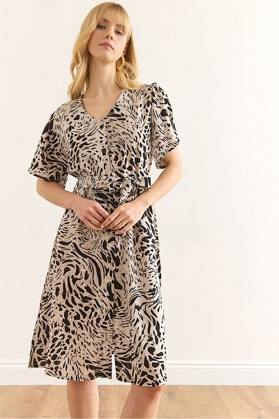 Olalook Γυναικείο Leopard Μαύρο V λαιμόκοψη Μίνι πουκάμισο φόρεμα ELB-19002380