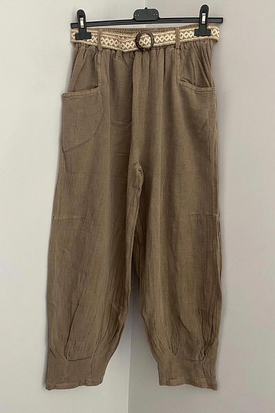 AYASOFYA OTANTIK Women's Brown Elastic Waist Belt Detailed Cotton Linen Trousers with Side Pockets