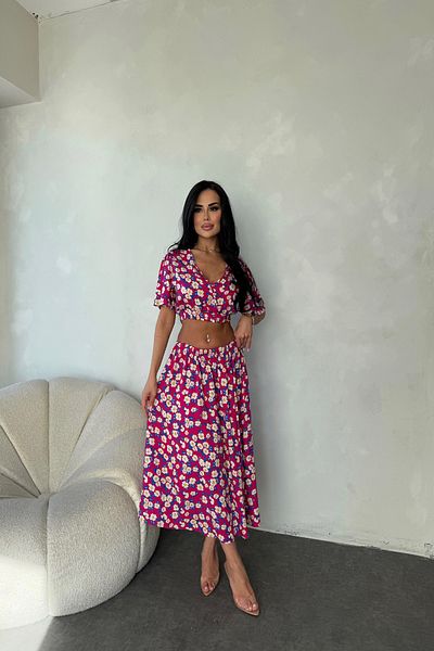 LİLA İSTANBUL V-Neck Viscose Fabric Floral Patterned Skirt Suit Summer Dress