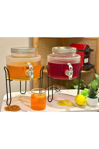Generic طقم موزع مشروبات زجاجي بحامل معدني .