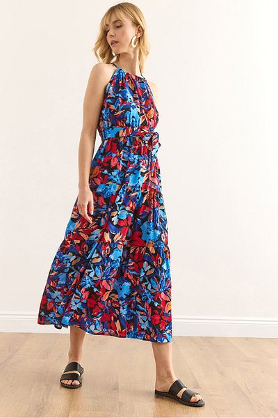 Olalook Rochie de damă, albastru, roșu, cu guler cu halter, cu centură, țesută din viscoză ELB-19001548