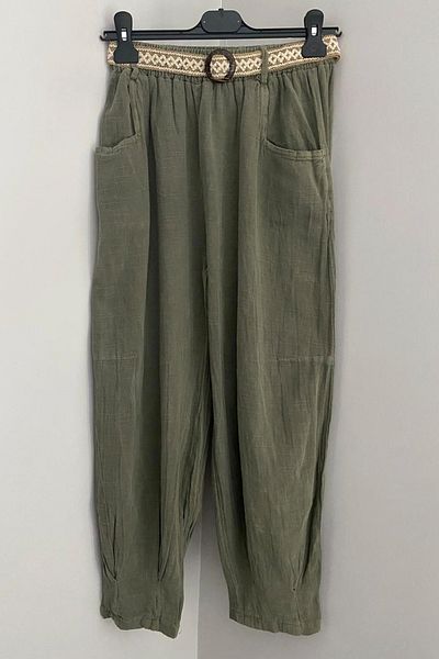 AYASOFYA OTANTIK Women's Khaki Elastic Waist Belt Detailed Cotton Linen Trousers with Pockets