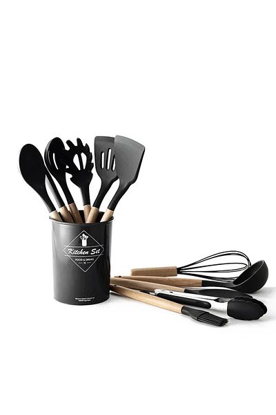 KUNFLEX Heat Resistant Wooden Handle Fireproof Non-Stick Silicone Spatula Set (11 1) 12 Pieces
