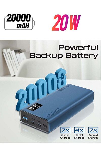 Promate 20000mAh Power Bank Ultra-Slim With 20W USB-C Input/Output Port, QC 3.0 Output, USB-C Ports,